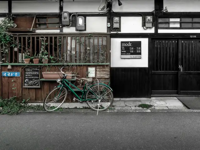 blue and green bicycle parked beside brown wooden house during daytime