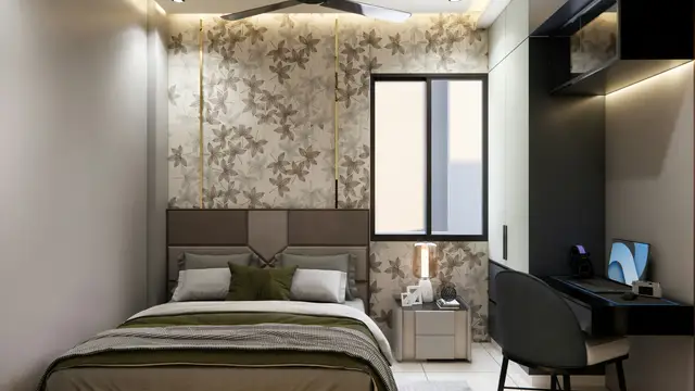 A bedroom with a bed and a desk