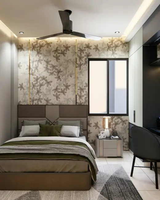 A bedroom with a bed and a desk
