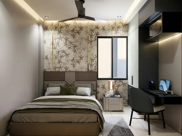 A bedroom with a bed and a desk